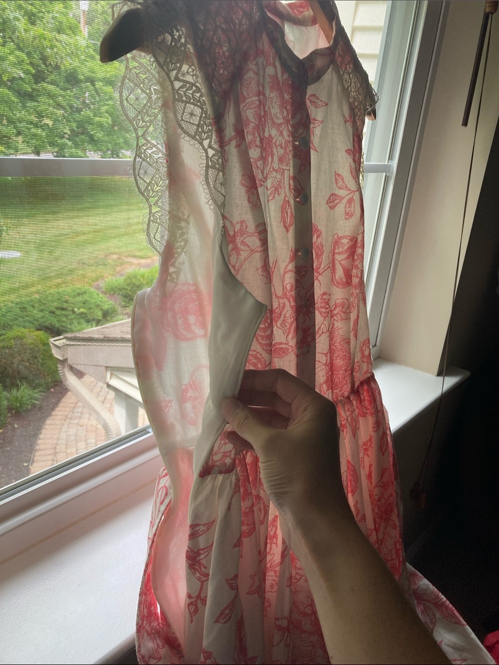 Linen Lace Cap-Sleeve Pink Toile Dress - Picture 7 of 7